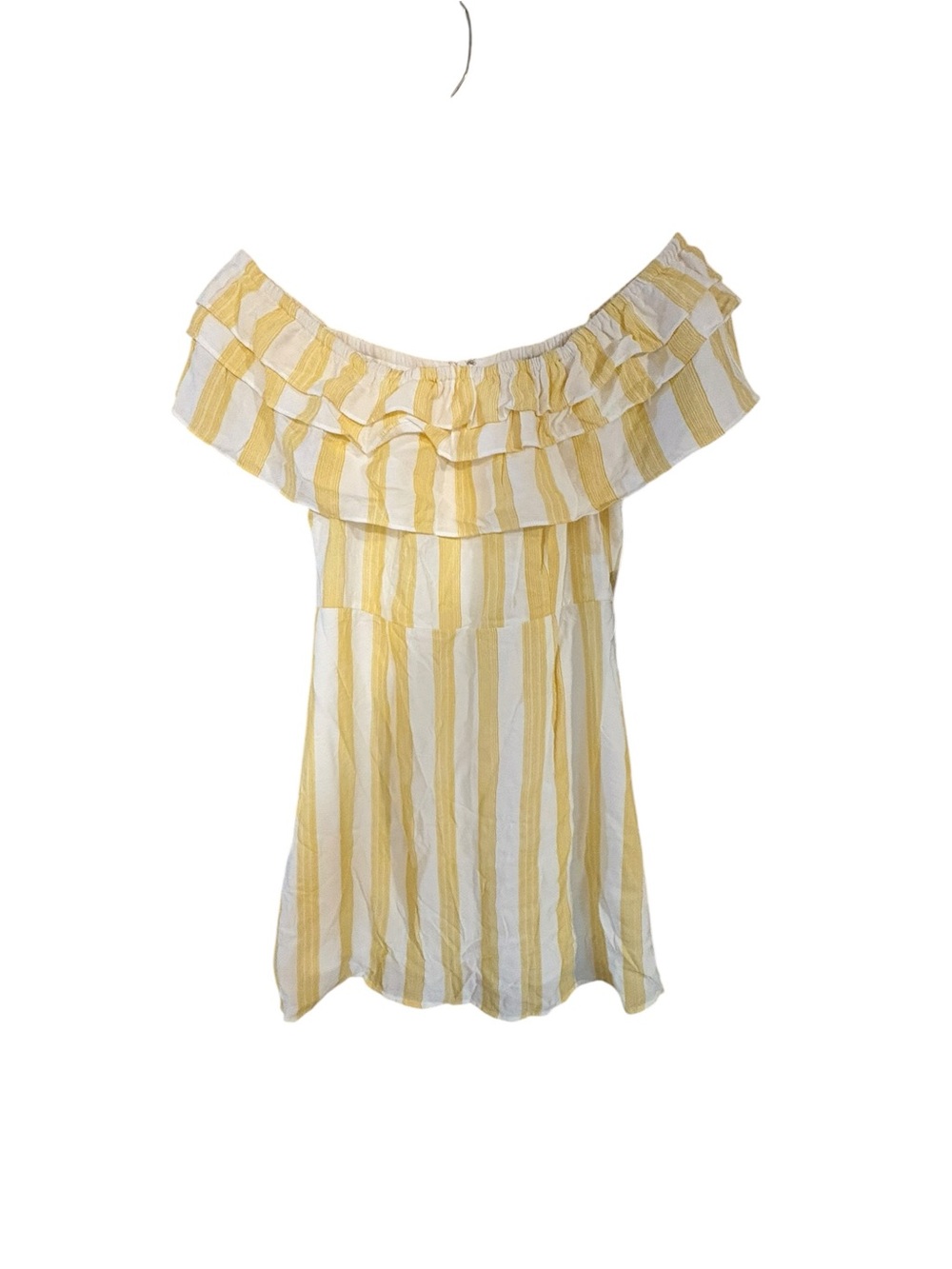 Lulus Yellow White Striped Off Shoulder Ruffle Mini Persephone Dress NWT Small
